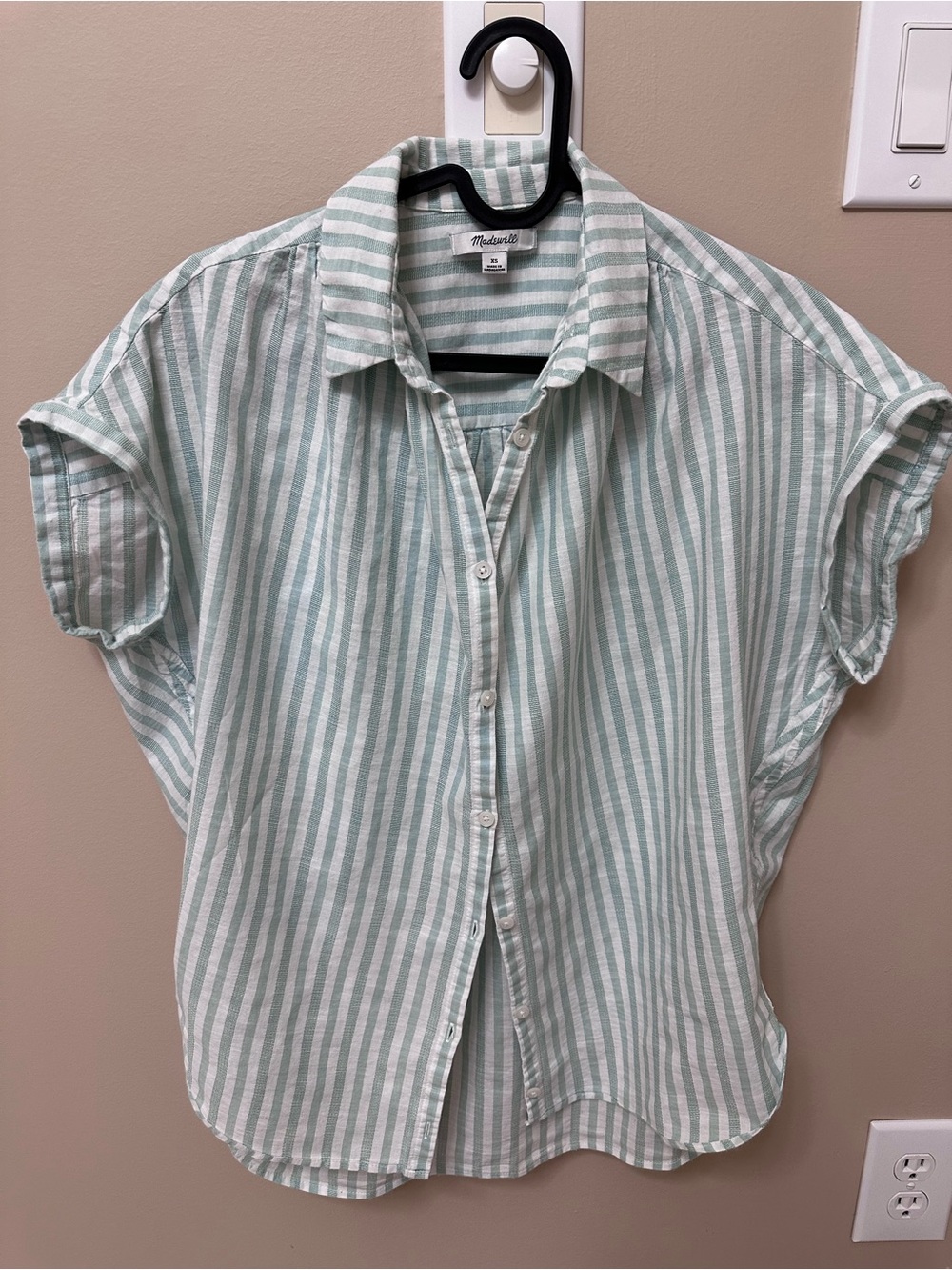 Madewell Pale Green and White Striped Short-Sleeve Button-Up Size XS
